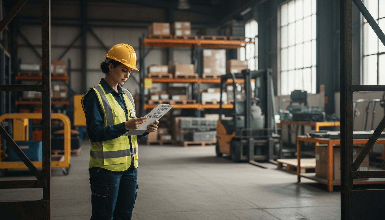 Safety professional reviewing workplace compliance documentation in an industrial warehouse setting
