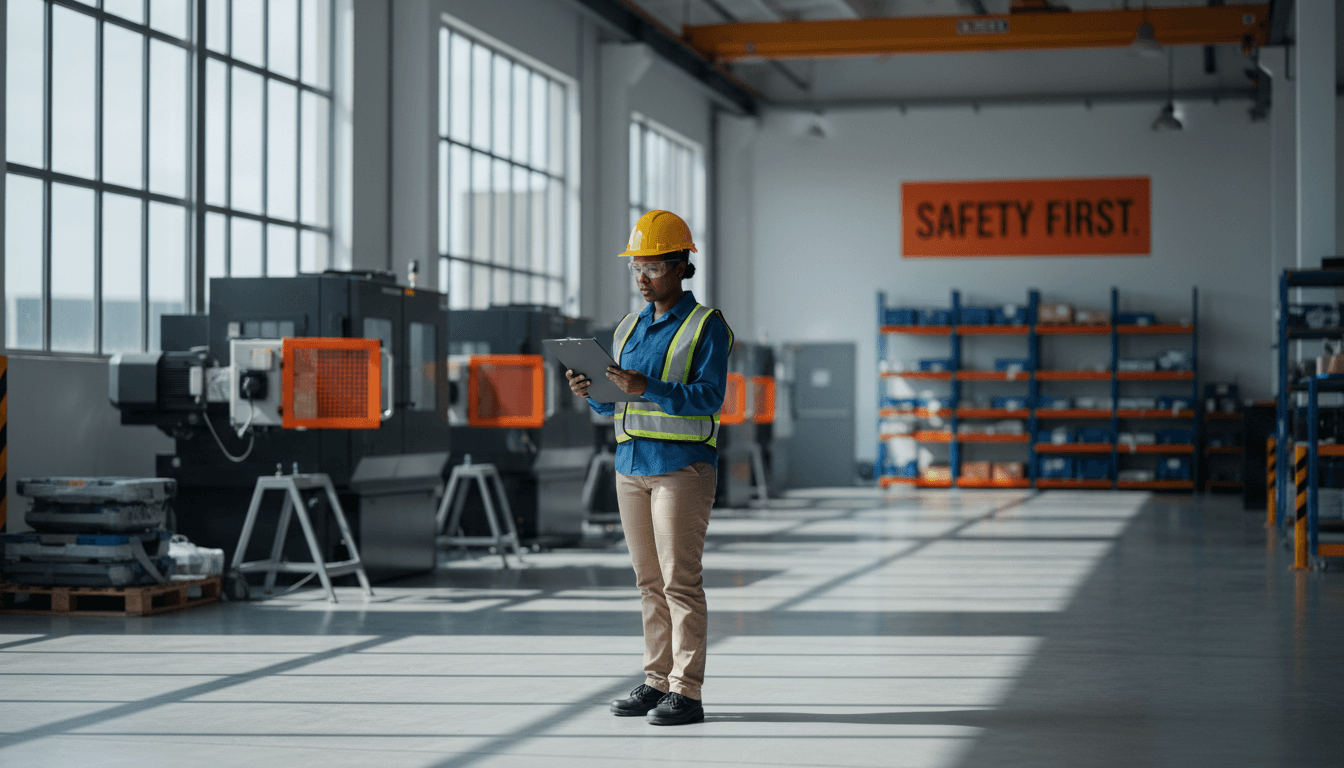 Workplace safety professional reviewing safety protocols in an industrial facility