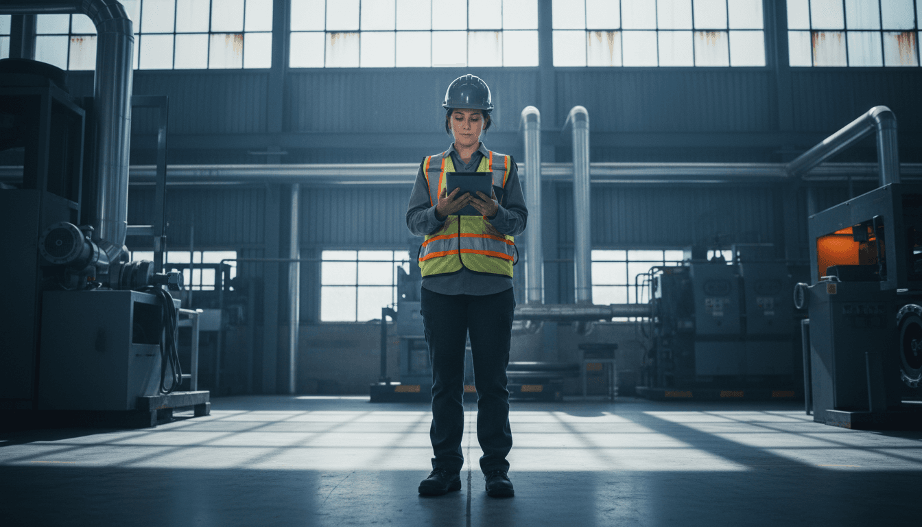 Safety professional reviewing workplace assessment on tablet in industrial facility